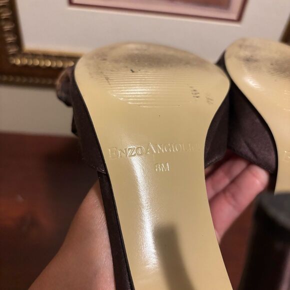 Enzo Angiolini Aedeka Brown Satin Animal Print Chiffon Ruffle Open Toe Heels 8 - Picture 7 of 10